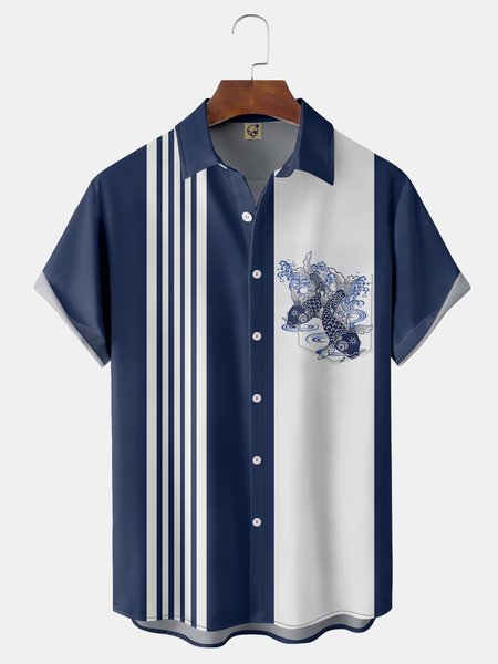 

Striped Koi Chest Pocket Short Sleeve Bowling Shirt, Purplish blue, Men Shirts