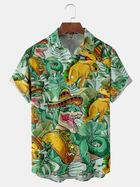 

Dinosaur Cinco De Mayo Chest Pocket Short Sleeve Hawaiian Shirt, Green, Men Shirts