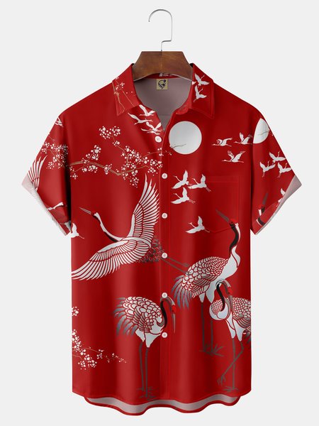 

Japanese Crane Chest Pocket Short Sleeve Casual Shirt, Red, Men Shirts
