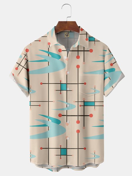 

Geometric Lines Chest Pocket Short Sleeve Shirt, Khaki, Men Shirts