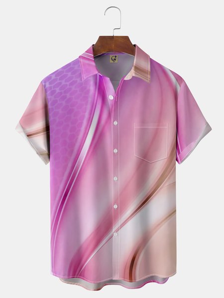 

3D Lines Chest Pocket Short Sleeve Casual Shirt, Pink, Men Shirts