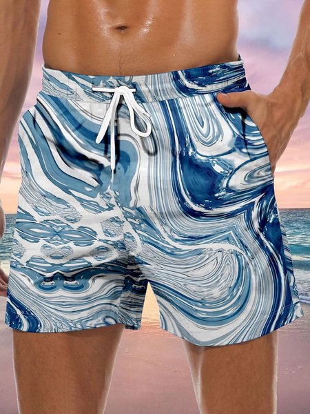 

Abstract Geometric Drawstring Beach Shorts, Blue, Men's shorts