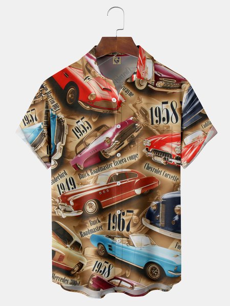

Auto Car Chest Pocket Short Sleeve Casual Shirt, Khaki, Men Shirts