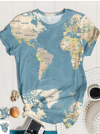 

Crew Neck Casual Map Loose T-Shirt, Multicolor, T-Shirts
