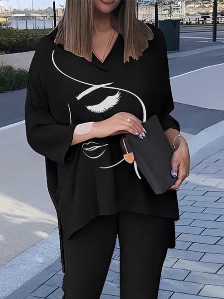 

V Neck Urban Abstract Long Sleeve Loosen Blouse, Black-white, Blouses and Shirts