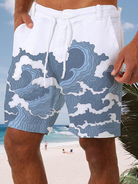 

Ukiyo-e Wave Drawstring Bermuda Short, White, Men's shorts