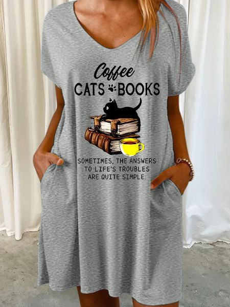 

Women's Books Cat Coffee Vintage Print V Neck Casual Dress, Gray, Dresses