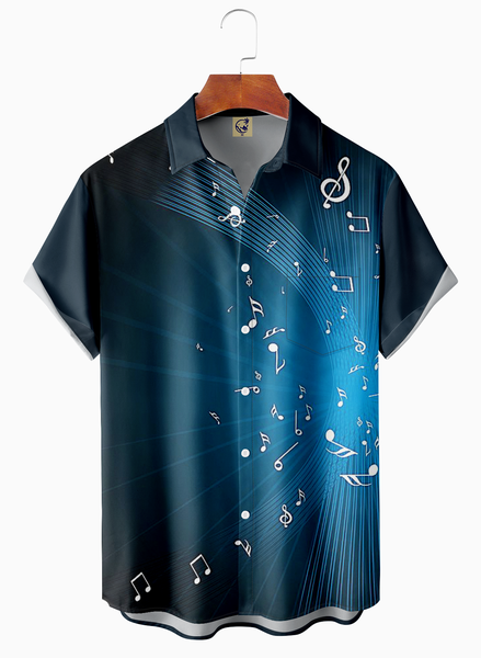 

Music Notes Chest Pocket Short Sleeve Casual Shirt, Blue, Men Shirts