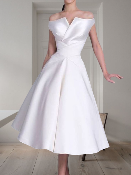 

Regular Fit Plain Elegant Cold Shoulder Dress, White, Midi Dresses