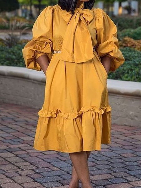 

Urban Loose Stand Collar Long sleeve Long Dress, Yellow, Maxi Dresses