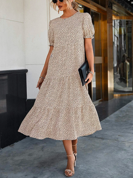 

Loose Leopard Boho Crew Neck Double Pocket Dress, Apricot, Dresses