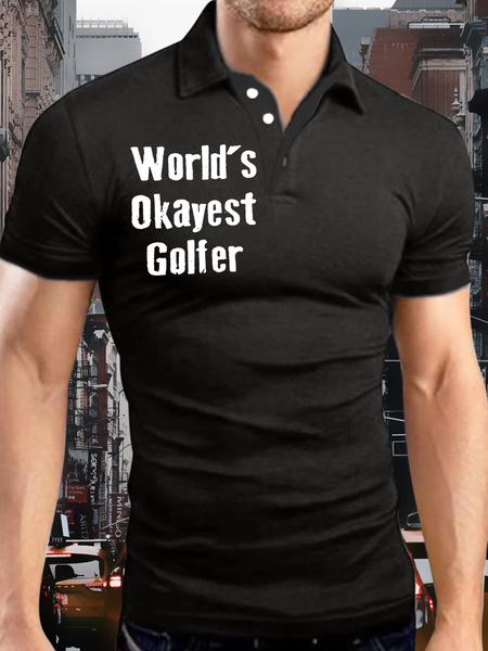 Men’s World’s Okayest Golfer Casual Regular Fit Polo Collar Polo Shirt, Black, T-shirts