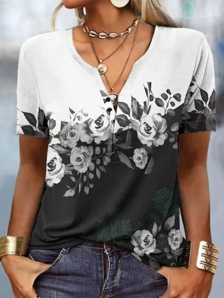 

Floral Casual V Neck T-Shirt, Black-white, T-Shirts
