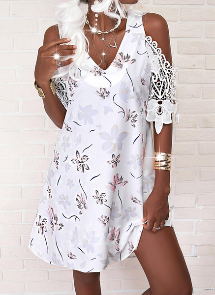

Casual Cotton-Blend V Neck Dress, White, Dresses