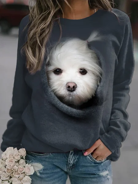 

Dog Animal Regular Fit Cotton-Blend Casual Crew Neck Top, Gray, Shirts & Blouses