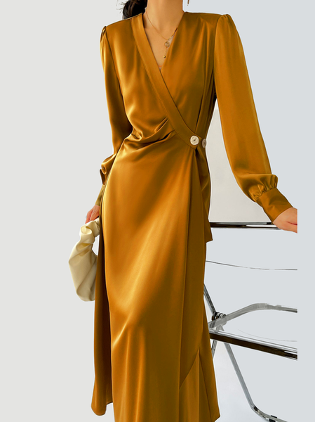 

V Neck Satin Elegant Plain Dress, As picture, Maxi Dresses
