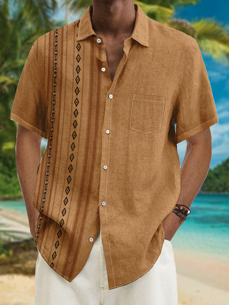 Geometric Stripe Chest Pocket Short Sleeve Casual Shirt, Khaki, Men Shirts
