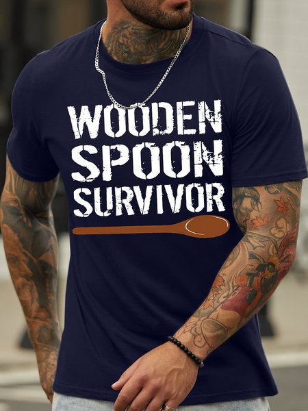 

Men's Wooden Spoon Survivor Funny Graphic Print Text Letters Cotton Casual T-Shirt, Purplish blue, T-shirts