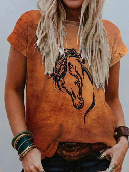 

Crew Neck Loose Horse Boho T-Shirt, Brown, T-Shirts
