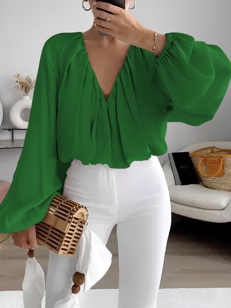 

V Neck Elegant Loosen Long Sleeve Plain Blouse, Green, Blouses and Shirts