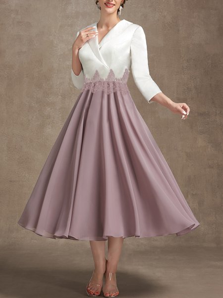 

Color Block Regular Fit Elegant Three Quarter Sleeve Party Dress, As picture, Wedding Guest Dresses