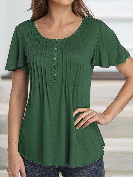 

Ruched Ruffled Sleeves Plain Casual Top, Green, Tops