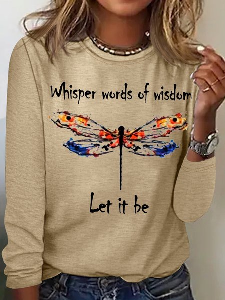 

Women's Dragonfly Let I Be Print Casual Letters Top, Khaki, Long sleeves