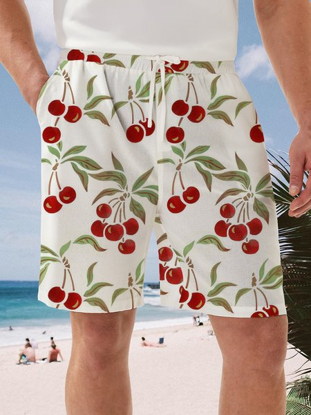 

Cherry Fruit Drawstring Bermuda Short, White, Men's shorts