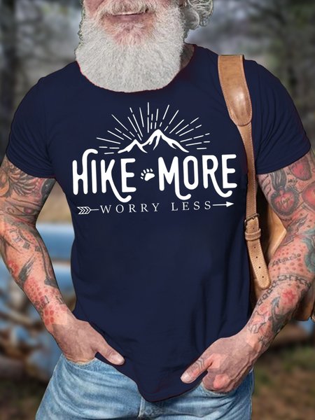 

Men's Hike More Worry Less Funny Graphic Print Text Letters Cotton Casual T-Shirt, Purplish blue, T-shirts