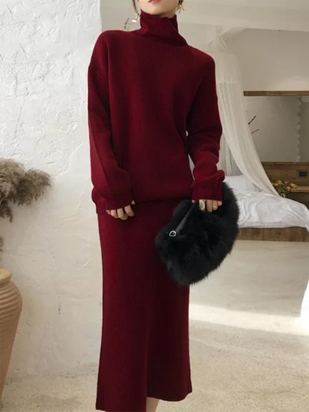 

Elegant Plain Turtleneck Long Sleeve Two-Piece Set, Red, Sweaters