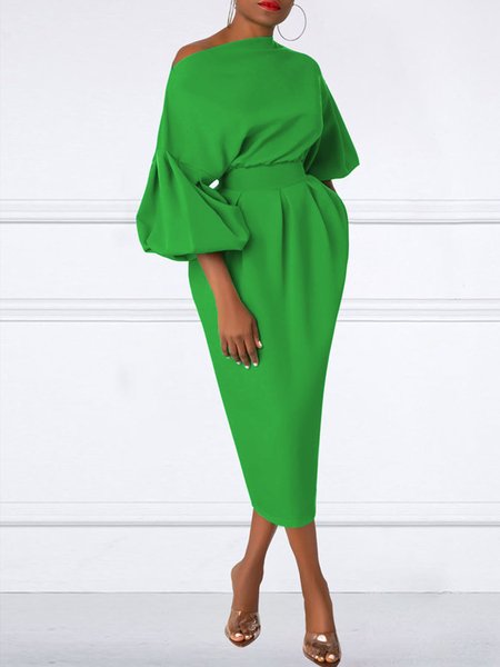 

Regular Fit Plain Elegant Cold Shoulder Pockets Dress, Green, Midi Dresses