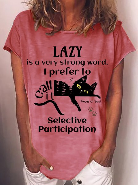 

Women's Lazy Is A Very Strong Word funny Cat Letter Casual Crew Neck T-Shirt, Red, T-shirts