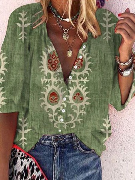 

Loose V Neck Ethnic Casual Top, Green, Shirts & Blouses