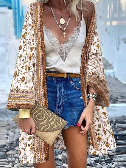 

Casual Floral Wrap Coat, White, Cardigans