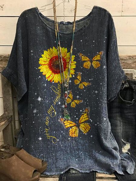 

Crew Neck Floral Casual Top, Gray, Tops