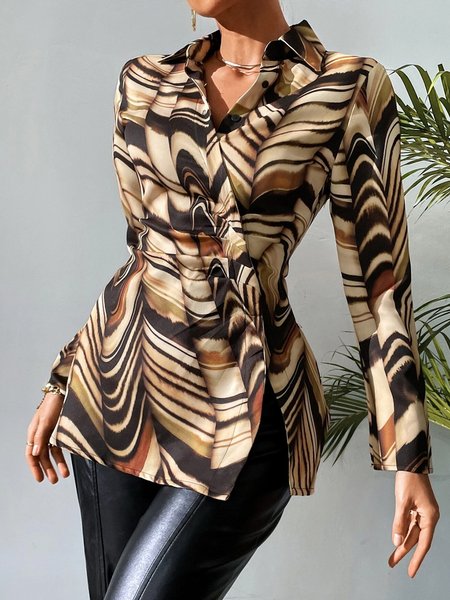 

Regular Fit Shirt Collar Urban Abstract Graphic Top, Brown, Blouses and Shirts