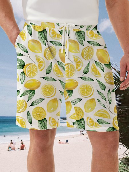 

Lemon Drawstring Casual Bermuda Short, White, Men's shorts