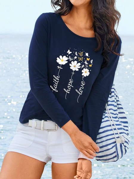 

Crew Neck Loose Casual Floral T-Shirt, Dark blue, T-Shirts