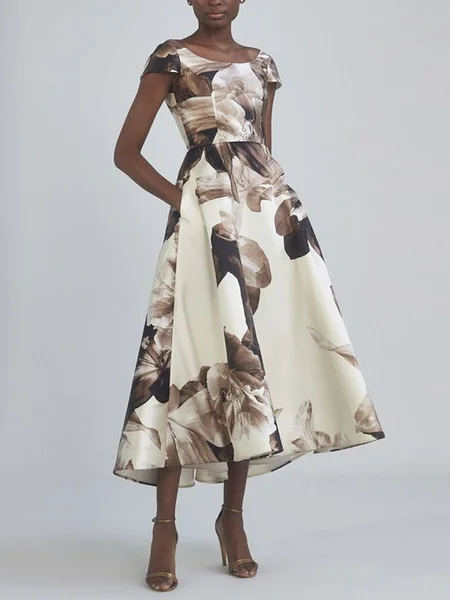 

Regular Fit Crew Neck Elegant Floral Dress, As picture, Midi Dresses