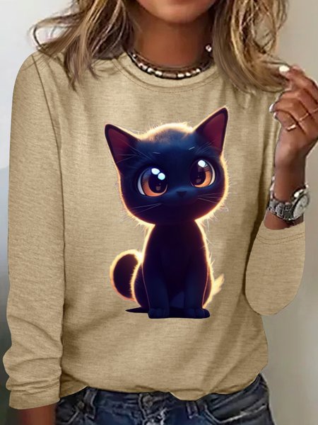 

Women's Black Cat Print Casual Crew Neck Letters Top, Khaki, Long sleeves