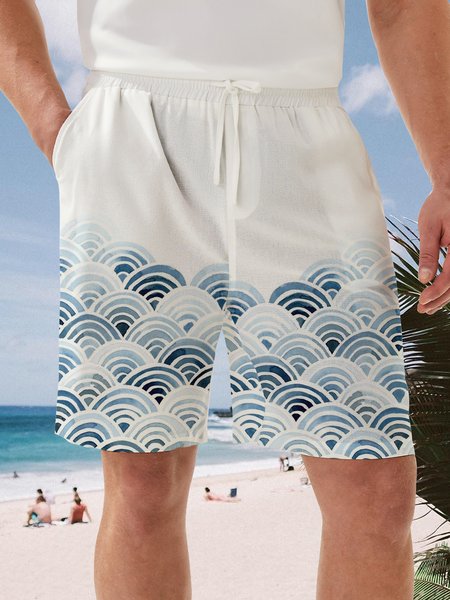 

Japanese Ukiyo-e Drawstring Bermuda Short, White, Men's shorts
