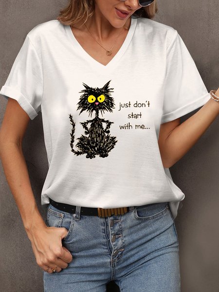 

Loose Casual V Neck Knitted T-Shirt, White, T-Shirts