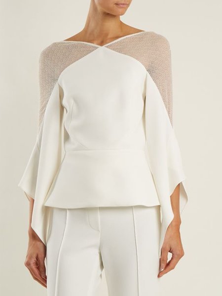 Plain Casual Three Quarter Micro-Elasticity Top, White, Linen Tops