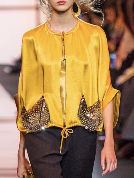 

Loose Plain Crew Neck Elegant Shirt, Yellow, Blouses and Shirts