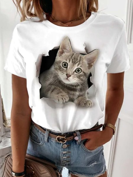

Knitted Crew Neck Cat Casual T-Shirt, White, T-Shirts