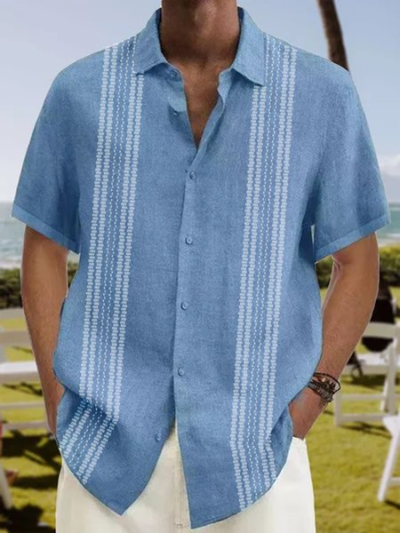 

Striped Short Sleeve Bowling Shirt, Blue, Men Shirts