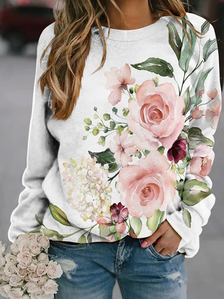 

Crew Neck Knitted Vacation Floral Top, White, Tops