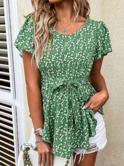

Crew Neck Floral Loose Casual Top, Green, Tops