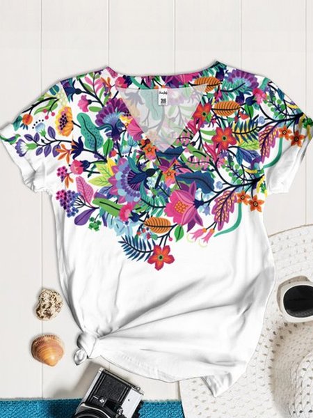 

Loose Floral Casual V Neck T-Shirt, White, T-Shirts