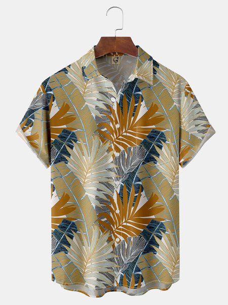 

Palm Leaf Chest Pocket Short Sleeve Hawaiian Shirt, Light brown, Men Shirts